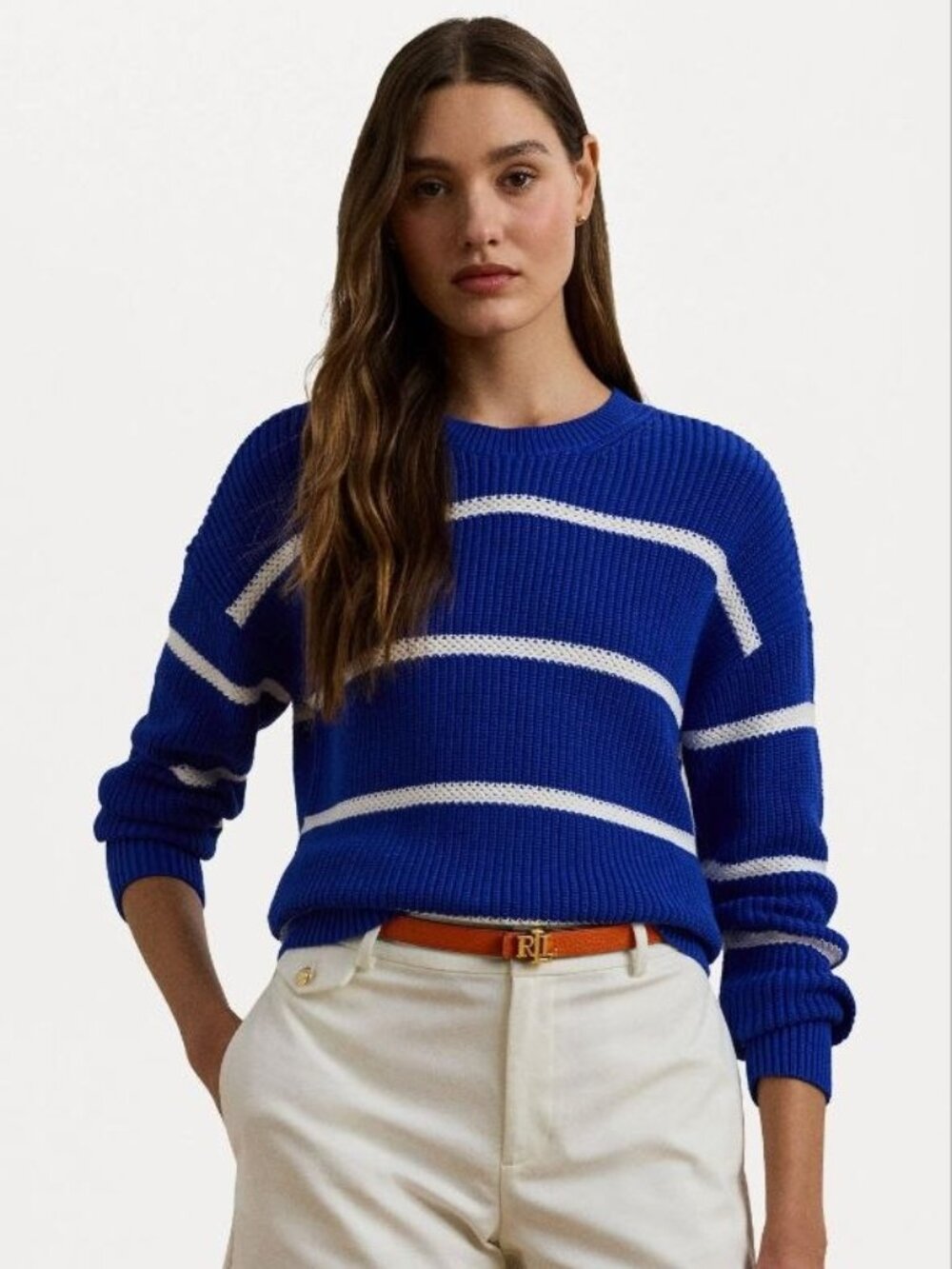 $145 Lauren Ralph Lauren STRIPED RIB KNIT COTTON CREWNECK SWEATER Blue Size M